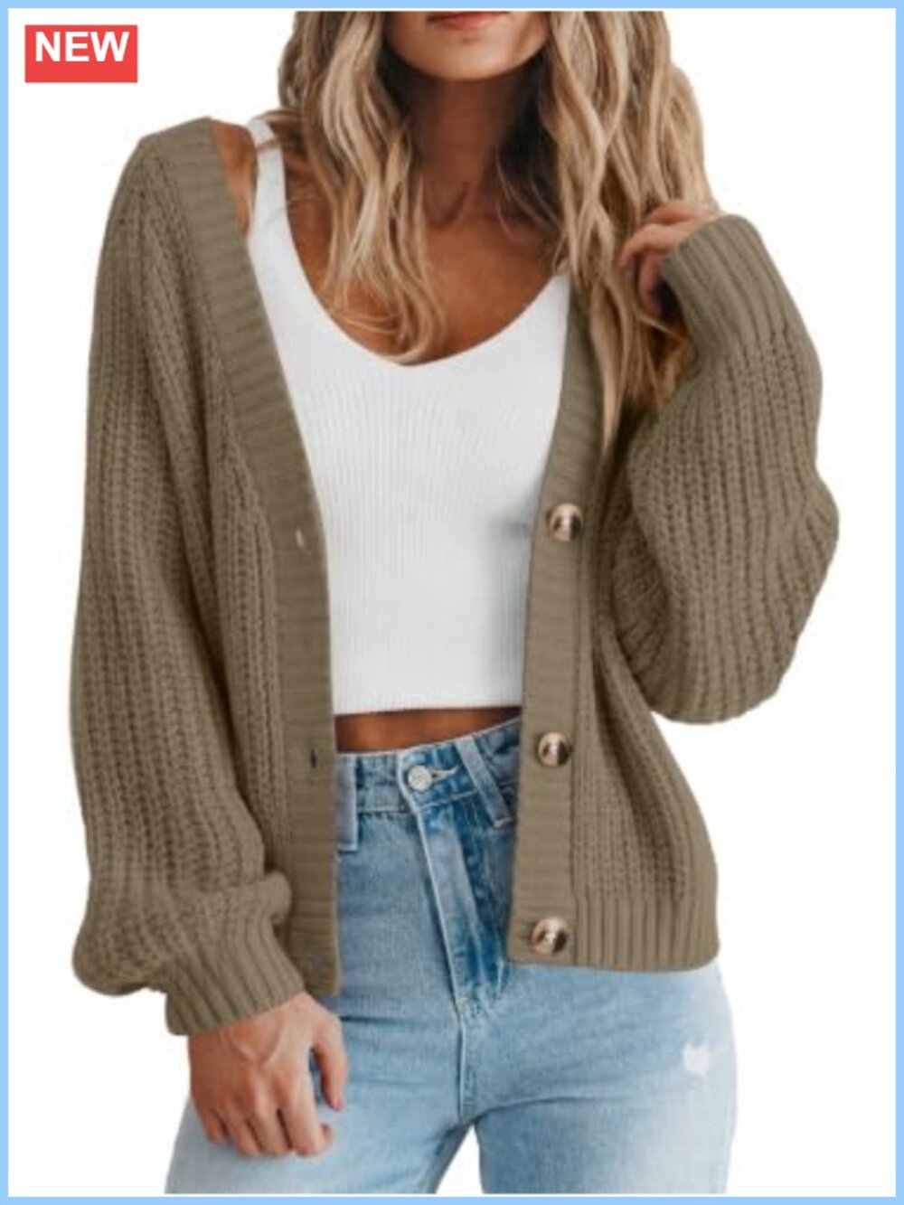 Chunky Knit Open Front Cardigan Sweater Long Sleeve V Neck Button Casual
